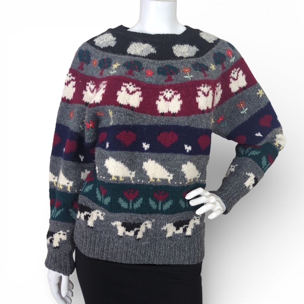Vintage Deans of Scotland Shetland Wool Sweater Farm Animals Sheep Cows Hearts - Picture 5 of 9